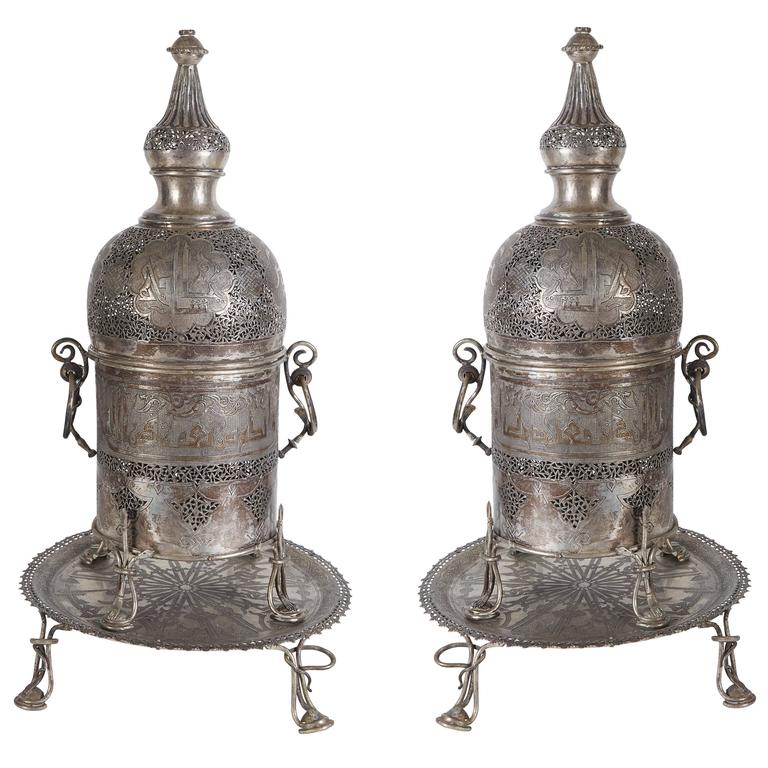 Pair of Antique Islamic Persian Silver Incense Burners with Arabic