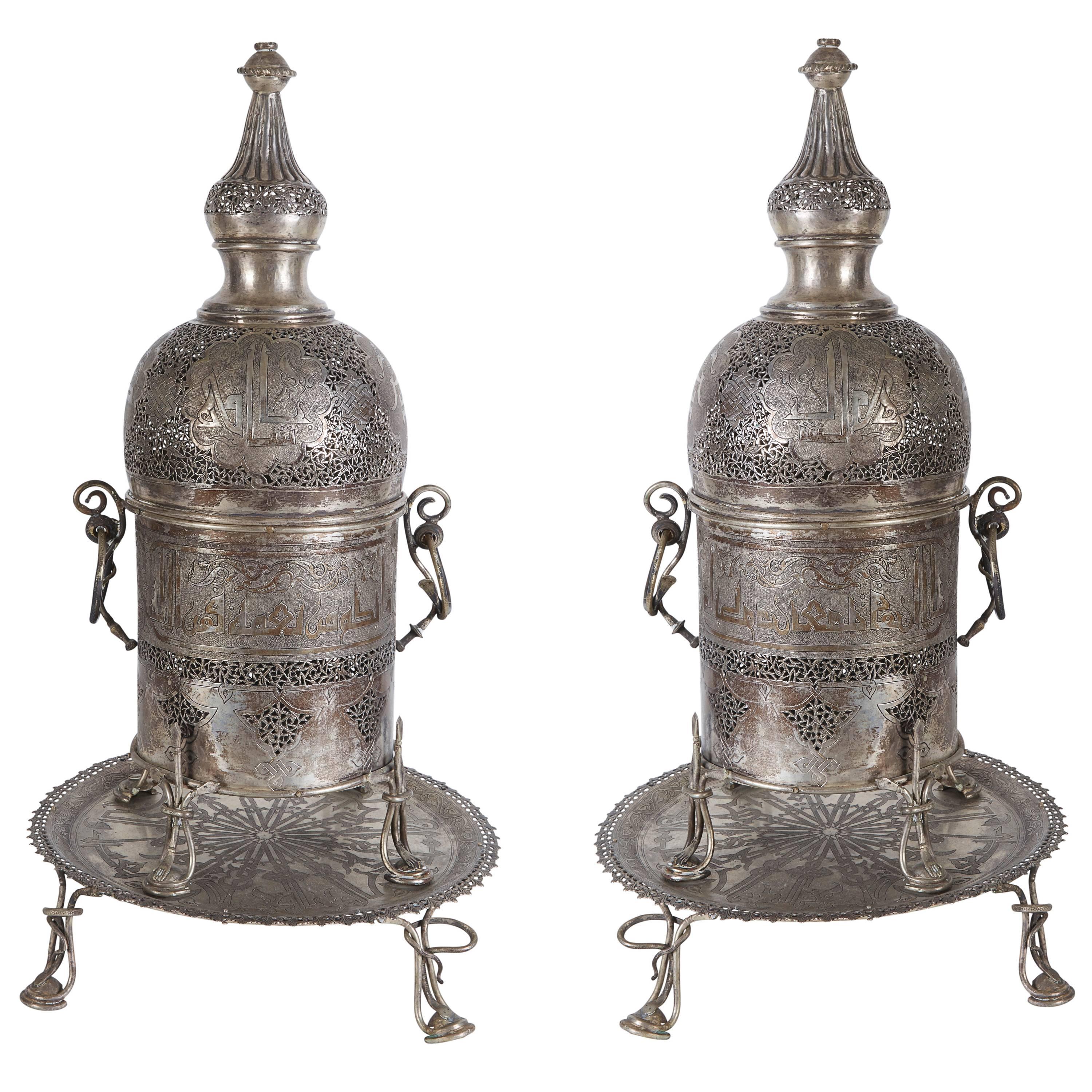 Pair of Antique Islamic Persian Silver Incense Burners with Arabic Calligraphy
