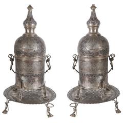 Pair of Antique Islamic Persian Silver Incense Burners with Arabic Calligraphy