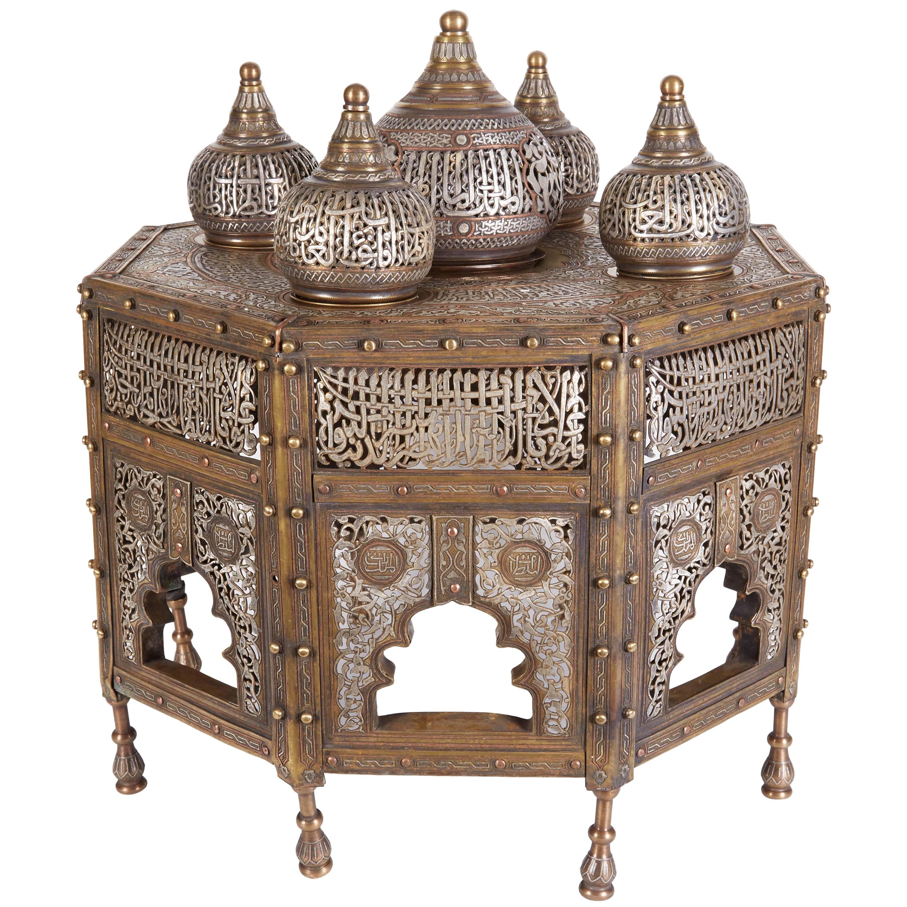 Large Islamic Silver Inlaid Domed Incense Burner with Arabic Calligraphy Moorish