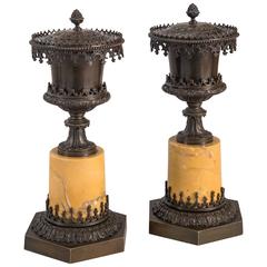 A Pair of French Gothic Revival Patinated Bronze and Sienna Marble Incence Burne 2