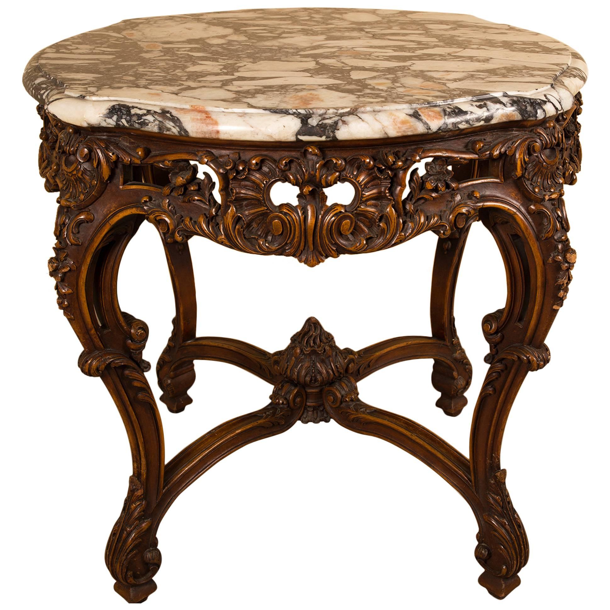 Louis XV Style Carved Coffee Table with a Marble Top, by Rosel, Belgium For Sale