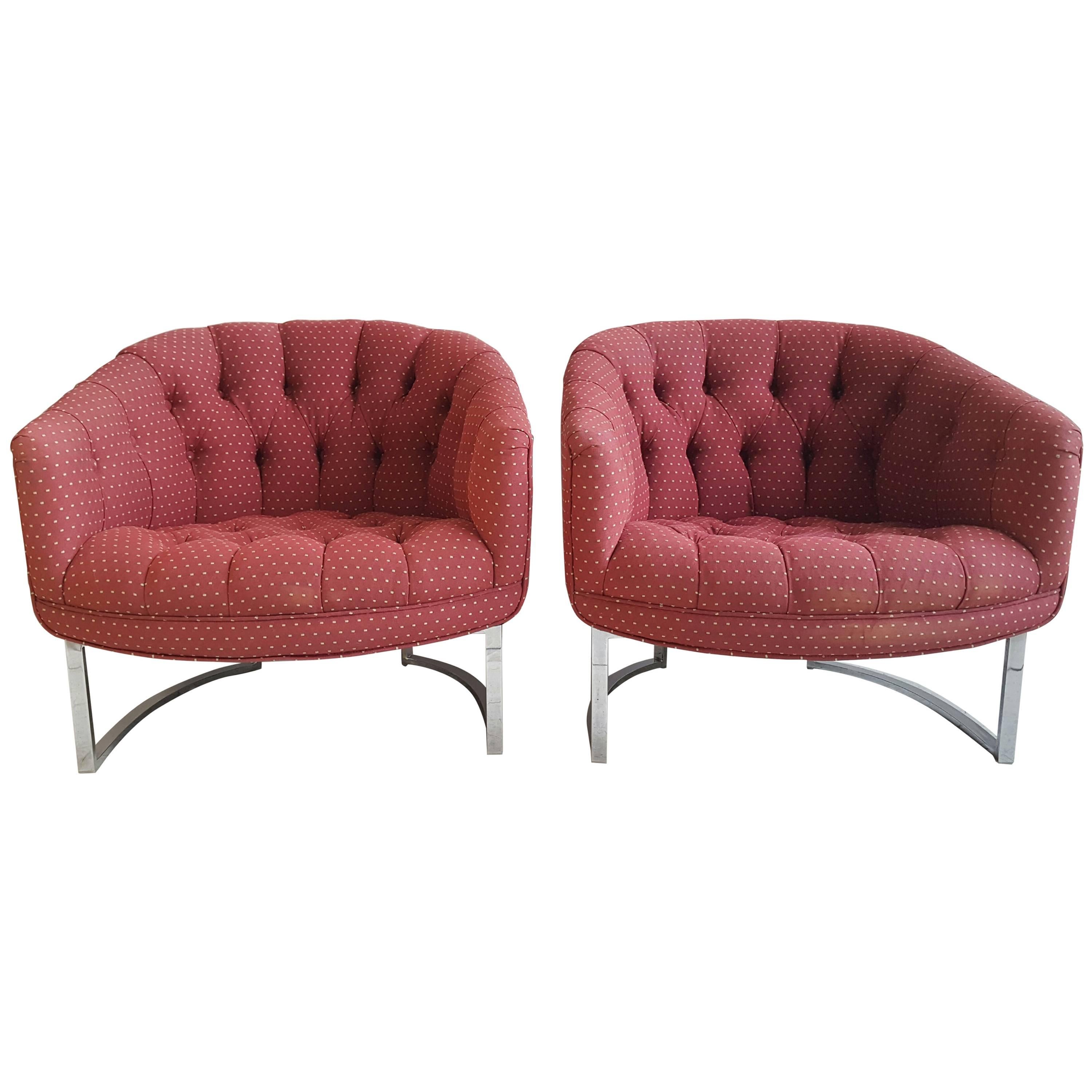 Pair of Chrome and Fabric Button Tufted Milo Baughman Barrel Chairs
