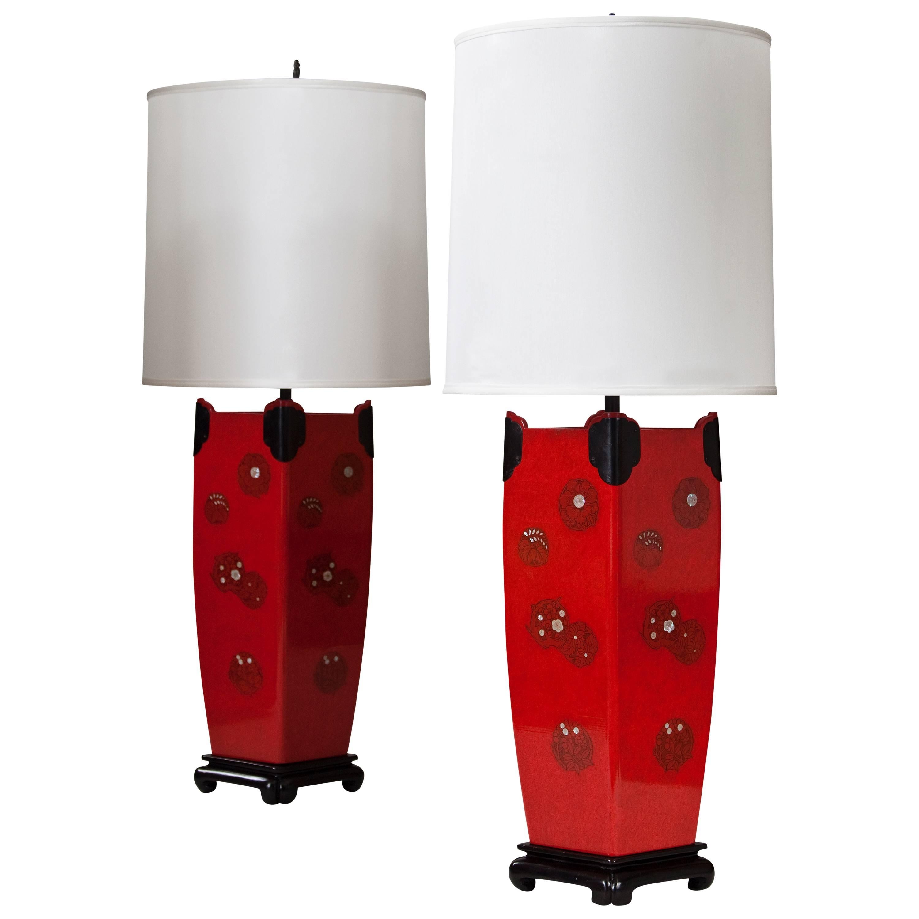 Pair of Japanese Mother-of-pearl and Red Lacquer Lamps
