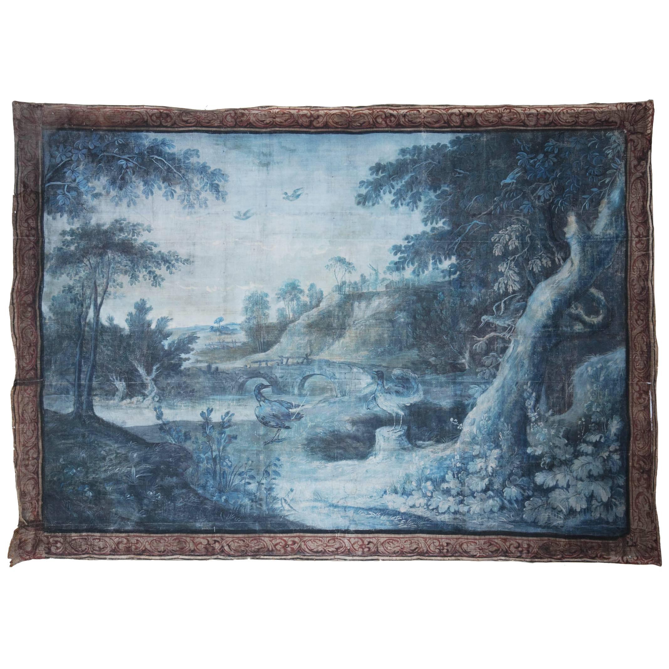Large 18th Century French 'Toile Peinte' Blue Grisaille Painting, One of Three