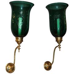 Rare Pair of 19th Century Emerald Etched Glass and Brass Wall Sconces
