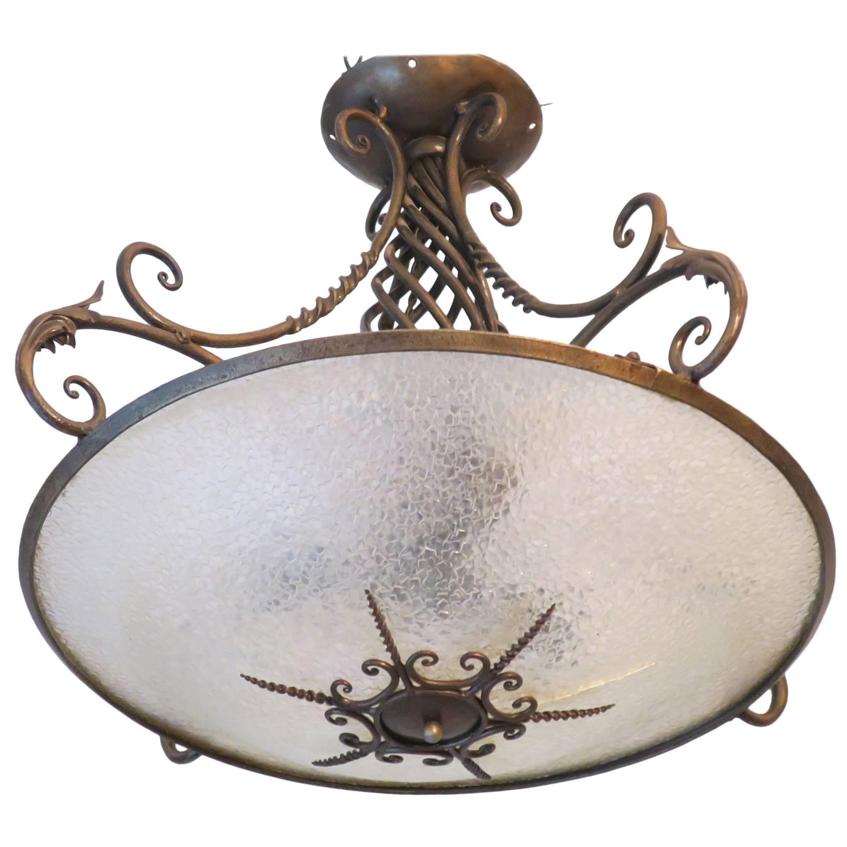 Intricately Wrought Antique Bronze and Glass Chandelier For Sale