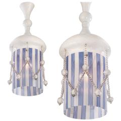 Venini Attributed, Pair of Rare Lattimo and Filigrana Glass Lanterns