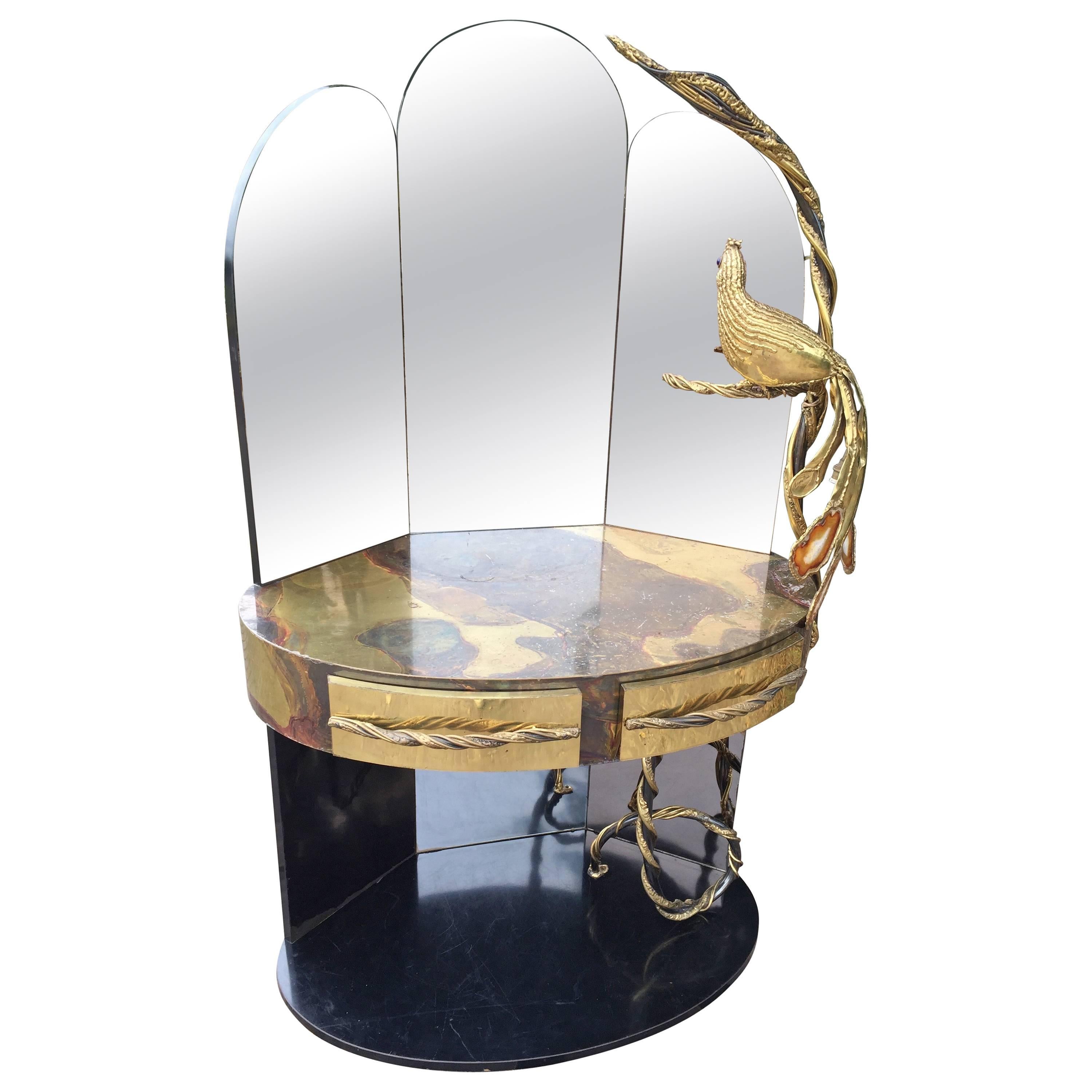 Rare Isabelle Masson Faure Vanity Dressing table with Peacock Lighting Sculpture