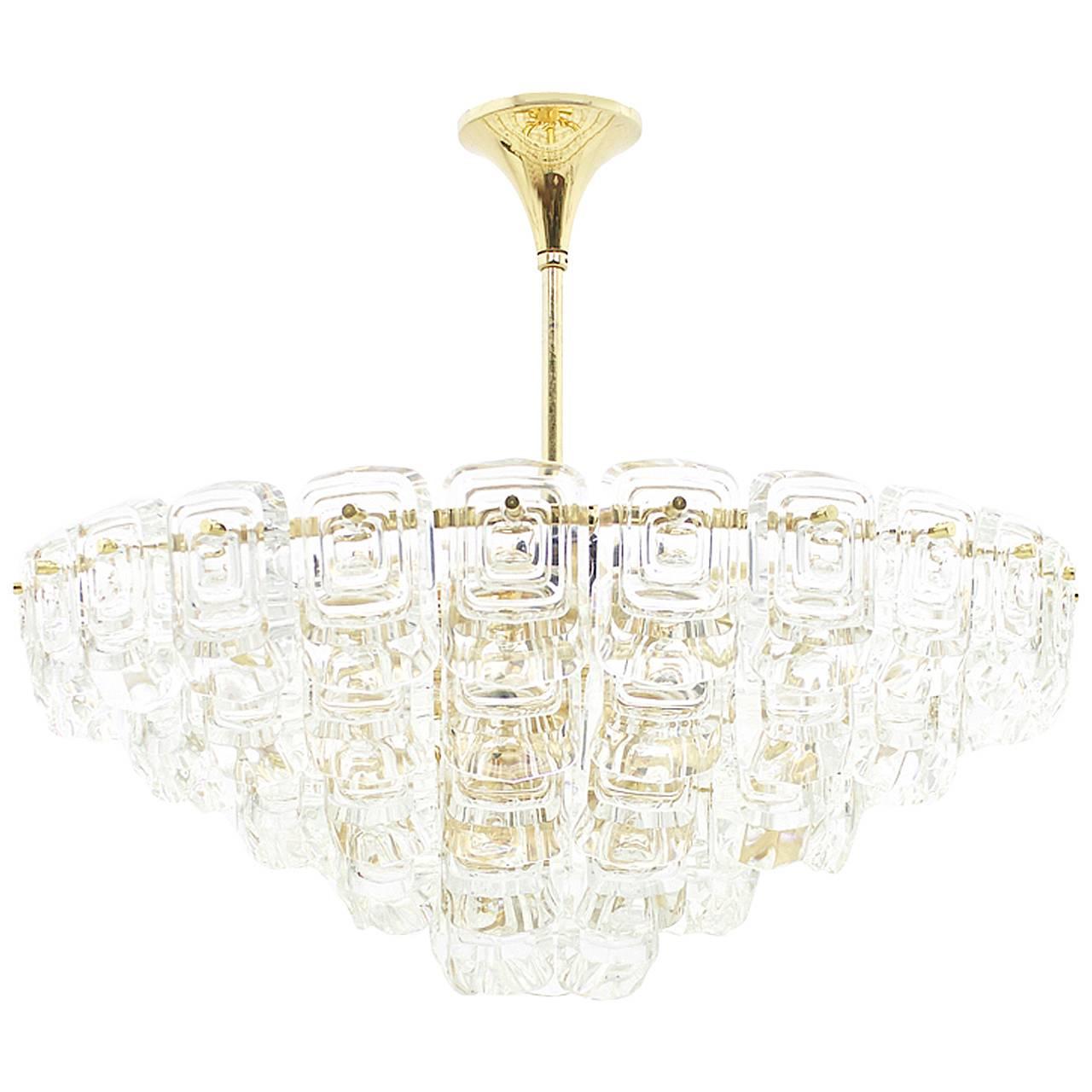 Large Five Tiers Gilded Glass Chandelier, 1960s For Sale