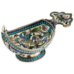 Antique 20th Century Russian Solid Silver & Shaded Enamel Kovsh by Ivan Saltykov