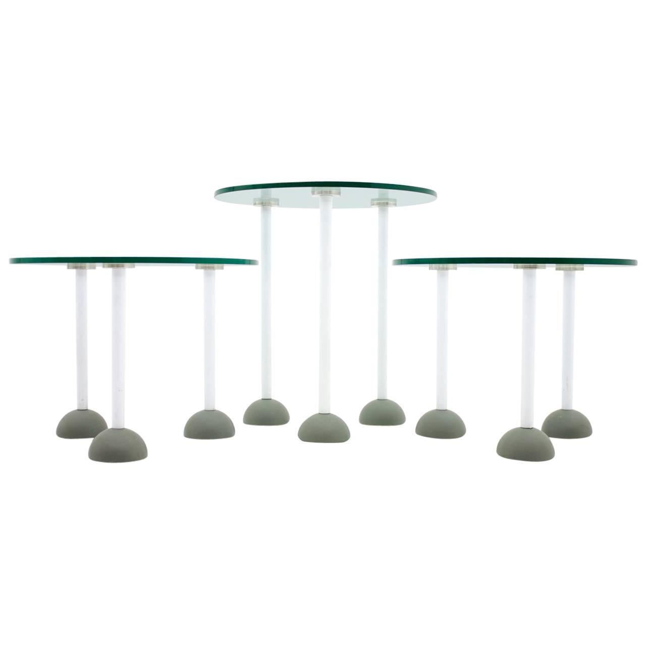 Set of Three Glass Tables with Wheels, Memphis, 1987 For Sale