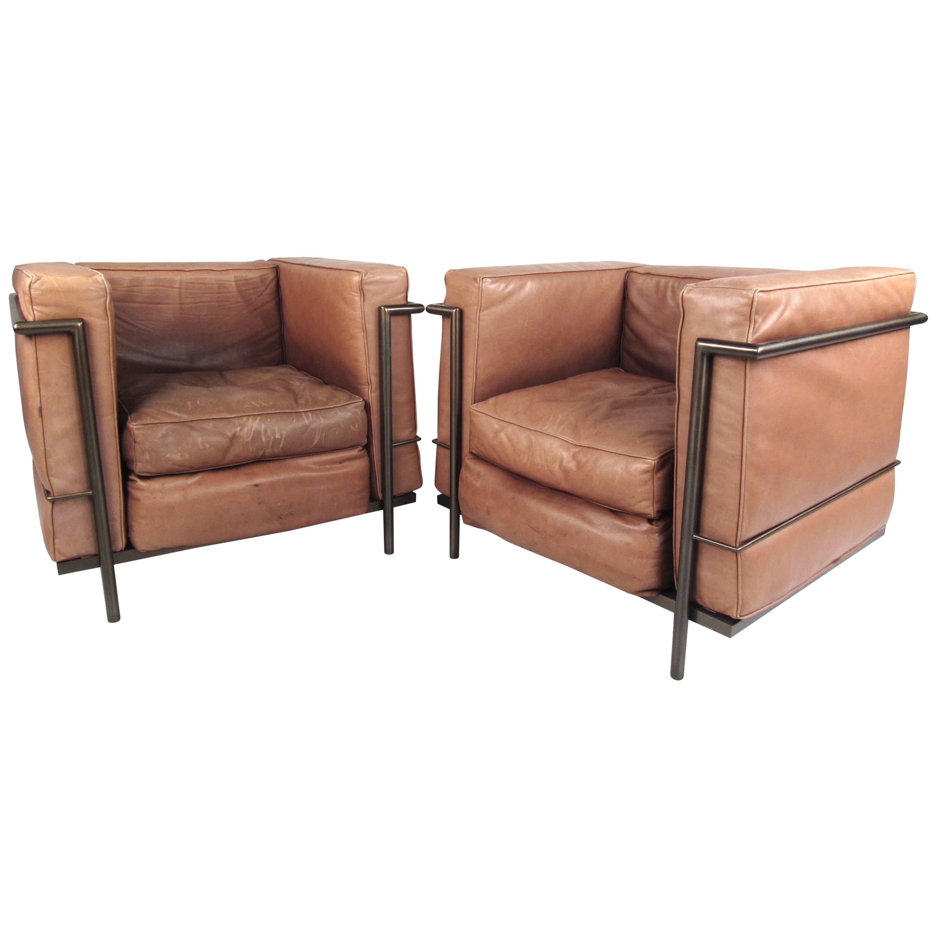 Pair of Vintage Modern Le Corbusier Style Leather and Brass Lounge Chairs