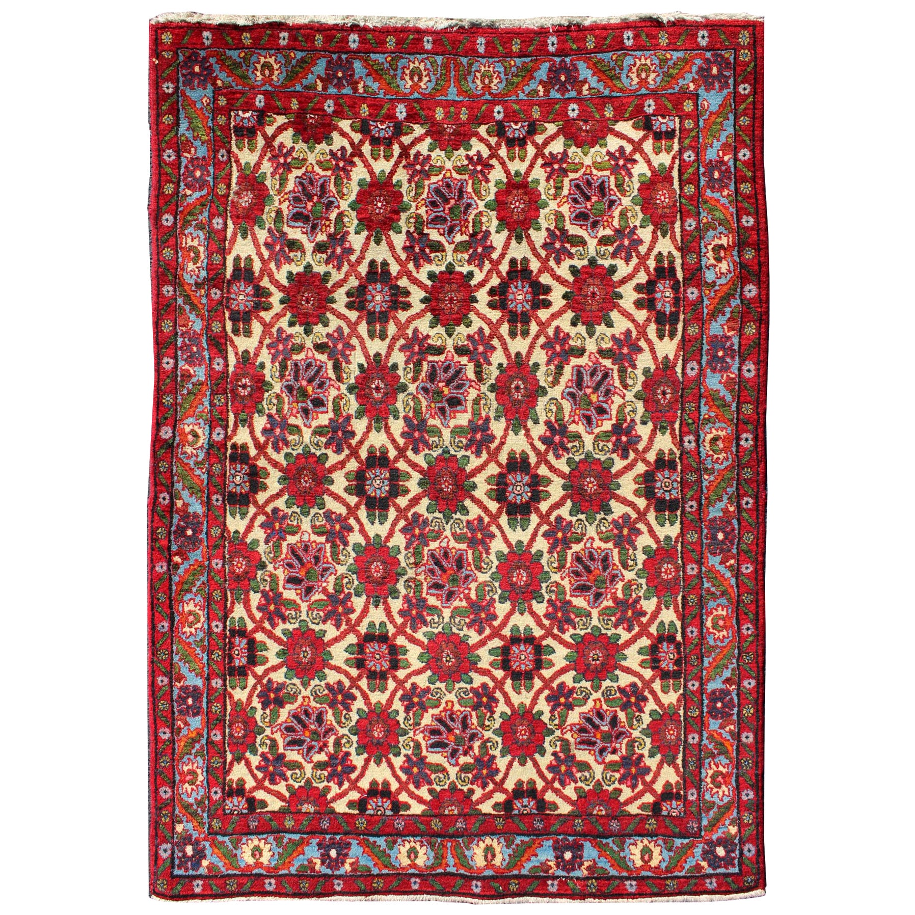Semi Antique Persian Malayer Rug with Floral Pattern in Rich Red, Yellow Tones For Sale