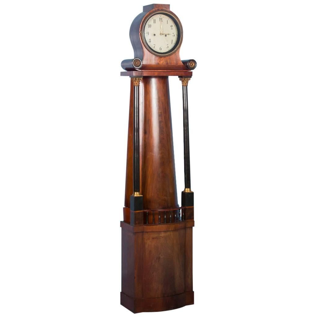 19th Century Antique German Biedermeier Grandfather Clock in Flame Mahogany
