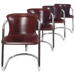 Set of Four Cognac Leather Willy Rizzo Dining Chairs