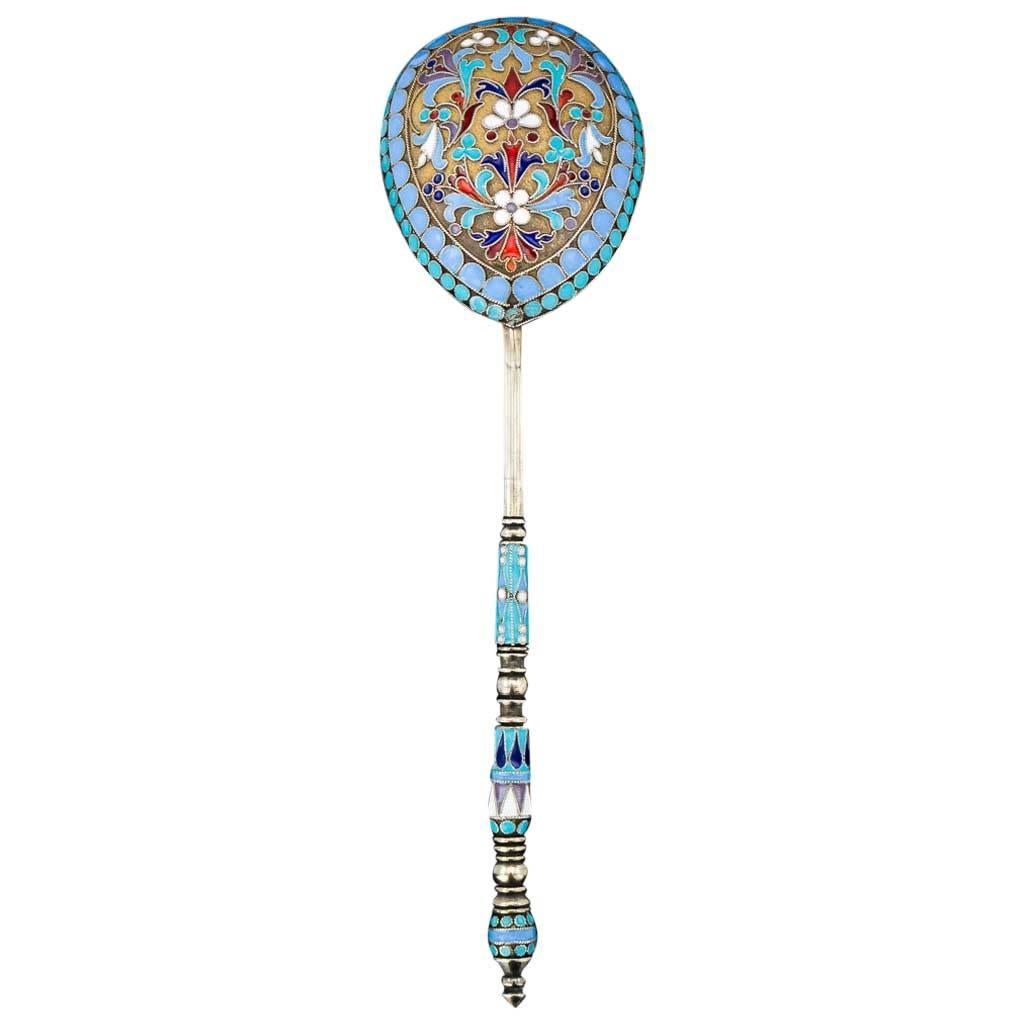 Antique 20th Century Russian Solid Silver & Cloisonne Enamel Spoon, circa 1900