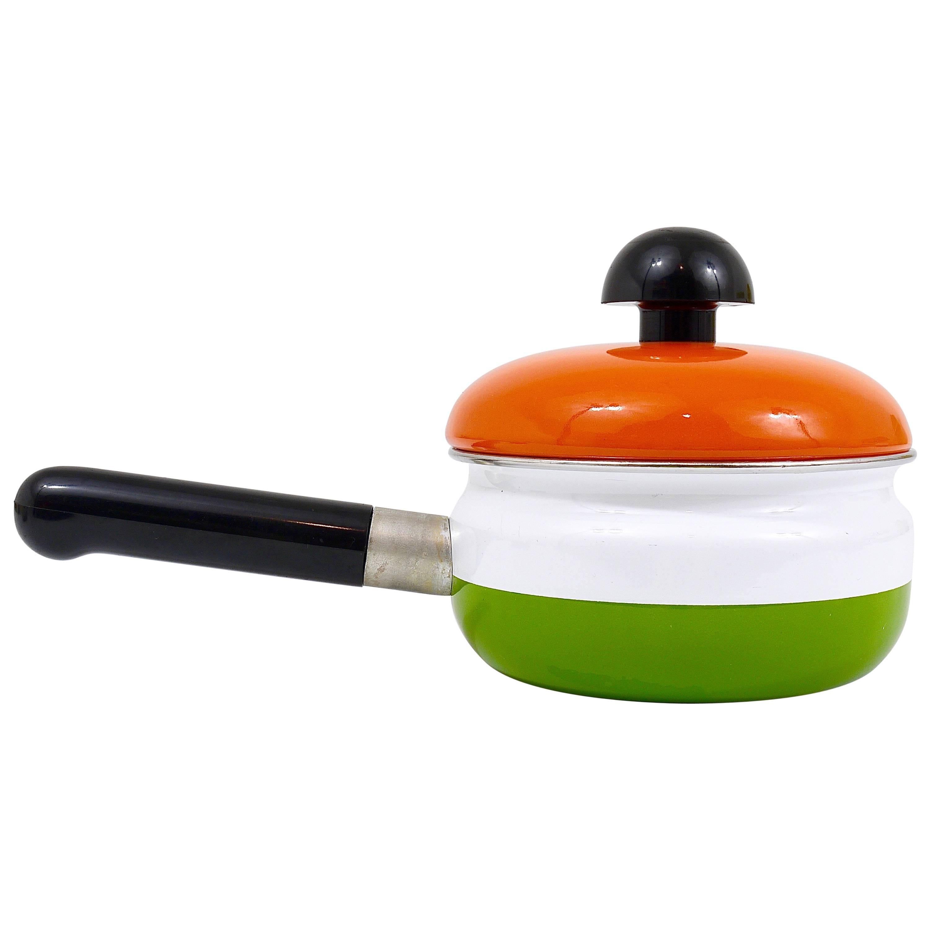 Pentola smaltata Carl Aubock con coperchio di Riess, Arancione, Bianco, Verde, Austria, anni '70
