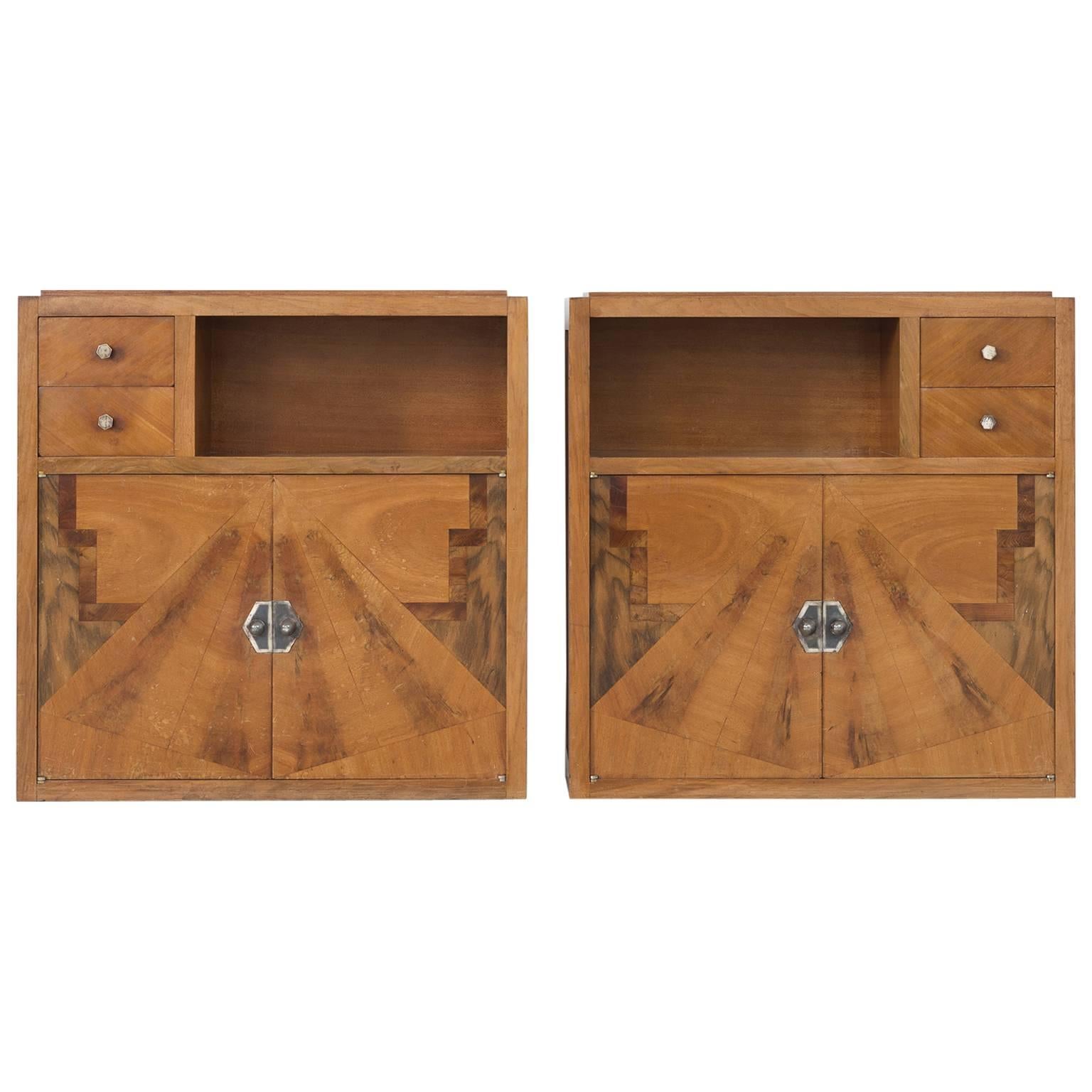Set of Two Art Deco Nightstands with Wooden Inlayed Doors