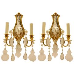 Pair of Gilt Finished Two-Arm Wall Sconces with Mirrored Backs & Crystal Drops