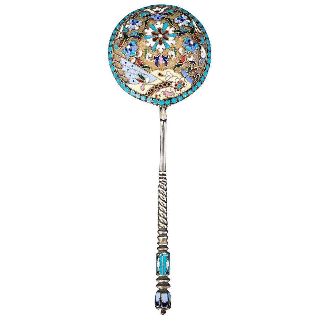 Antique 20th Century Russian Solid Silver and Cloisonne Enamel Spoon, circa 1910