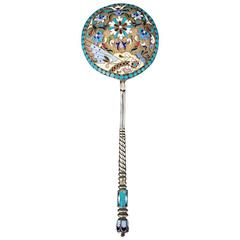 Vintage 20th Century Russian Solid Silver and Cloisonne Enamel Spoon, circa 1910