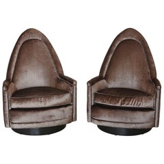 Pair of Sculptural Memory Cathedral Swivel Chairs in Grey Velvet by Selig