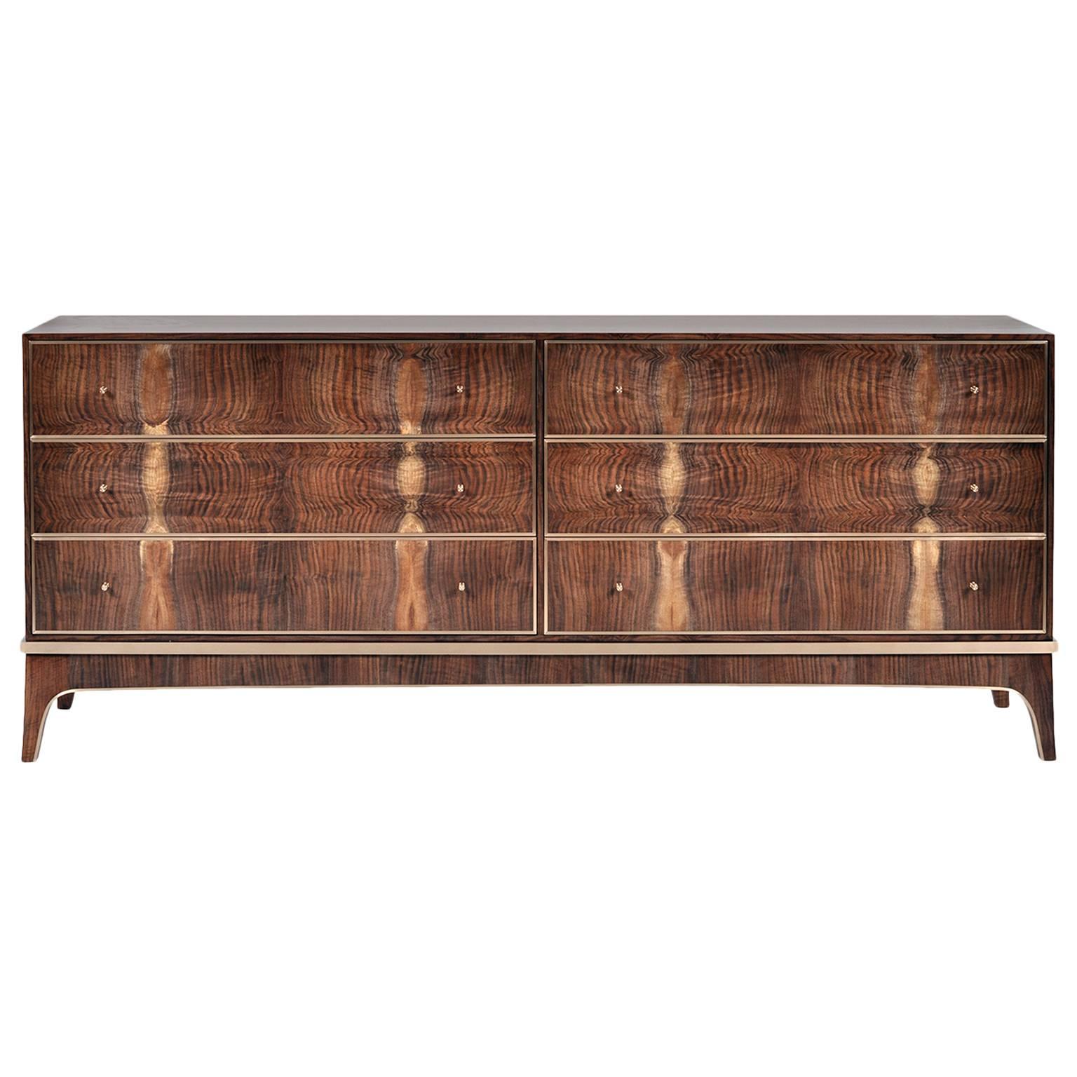 Reve Six-Drawer Dresser in Bastogne Walnut and Bronze by Newell Design For Sale