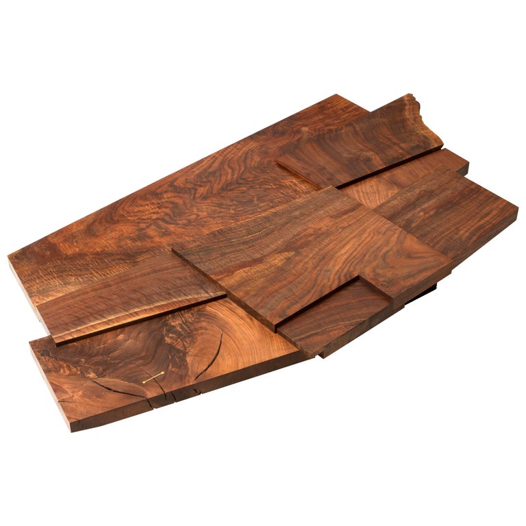 Modern Claro Walnut Strike/ Slip Coffee Table with Brass and Charred Beam Base For Sale