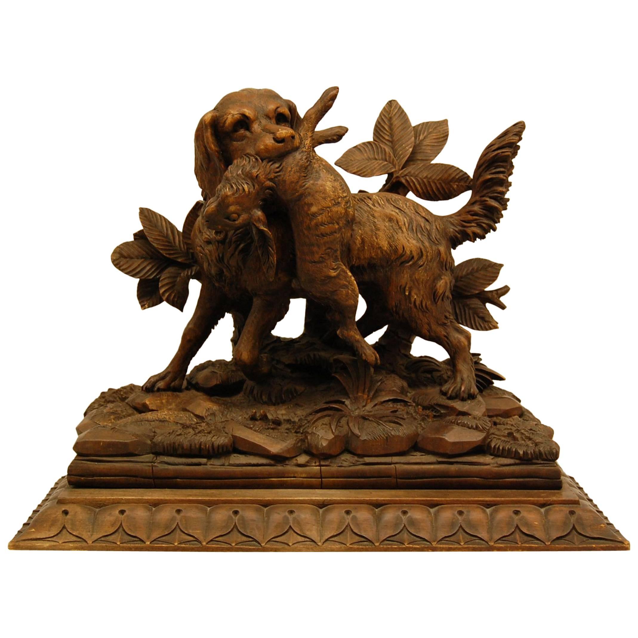 Black Forest Carving of Hunting Dog with Rabbit For Sale