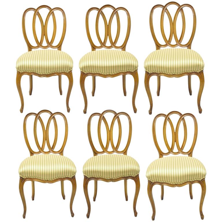 Set of Six Triple Oval Back Walnut Dining Side Chairs French Country