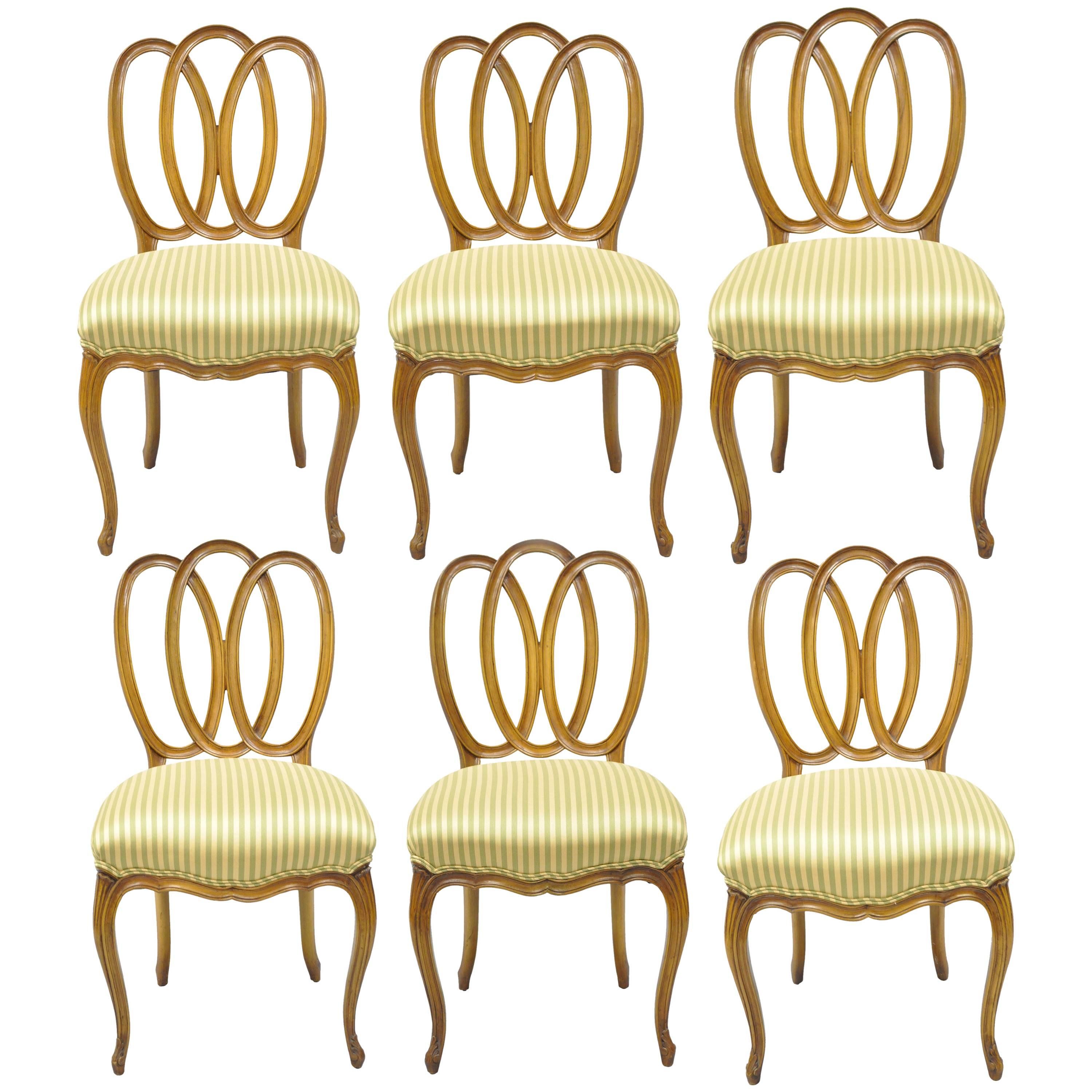 Set of 6 Vintage French Provincial Triple Oval Pretzel Back Walnut Dining Chairs