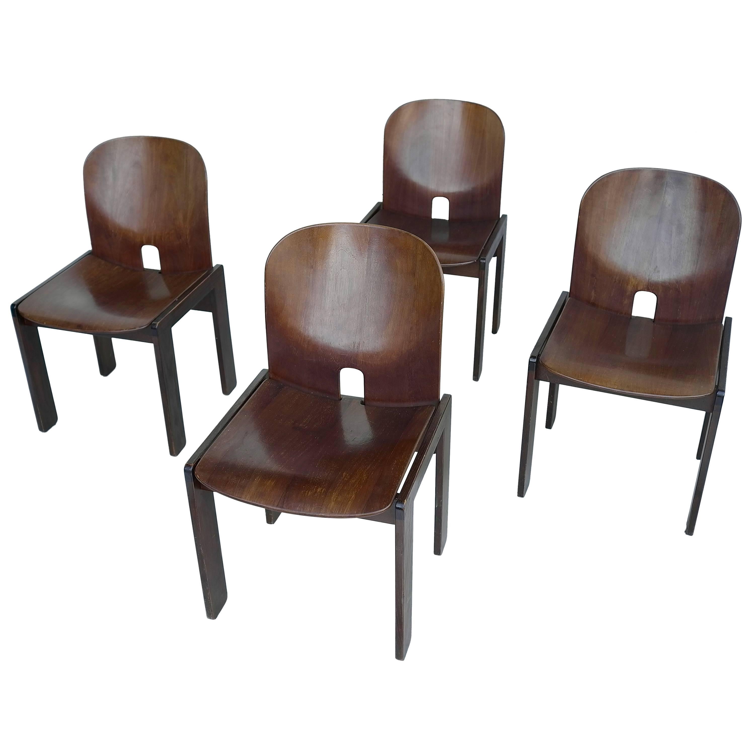 Set of Four 121 Walnut Dining Chairs by Afra & Tobia Scarpa for Cassina