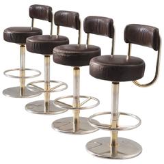 Set of Four Bar Stools in Brass Colored Metal and Brown Leather Upholstery