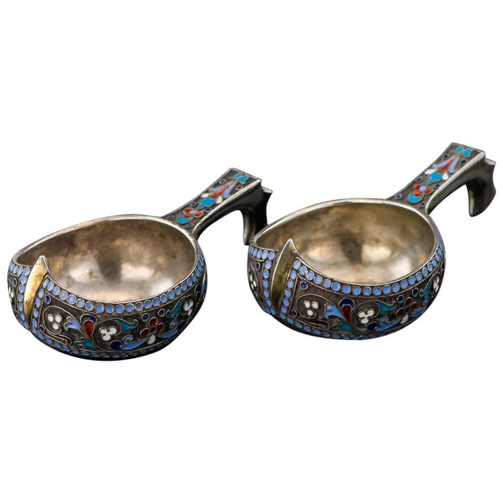Antique Russian Solid Silver and Enamel Pair of Kovsh, Moscow, circa 1895