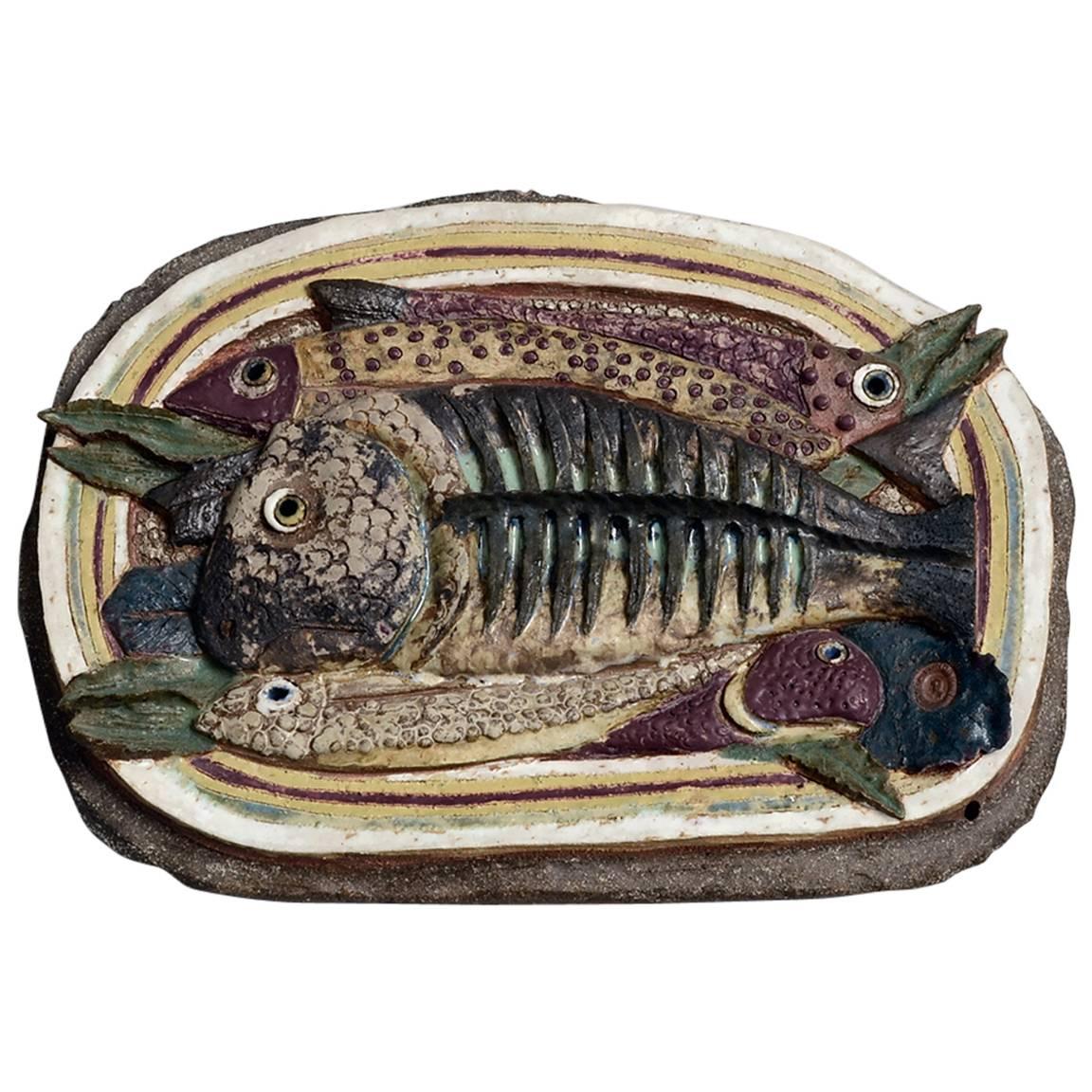 Unique Stoneware Plaque with Fish in Relief, by Tyra Lundgren for Gustavsberg For Sale