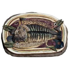 Vintage Unique Stoneware Plaque with Fish in Relief, by Tyra Lundgren for Gustavsberg