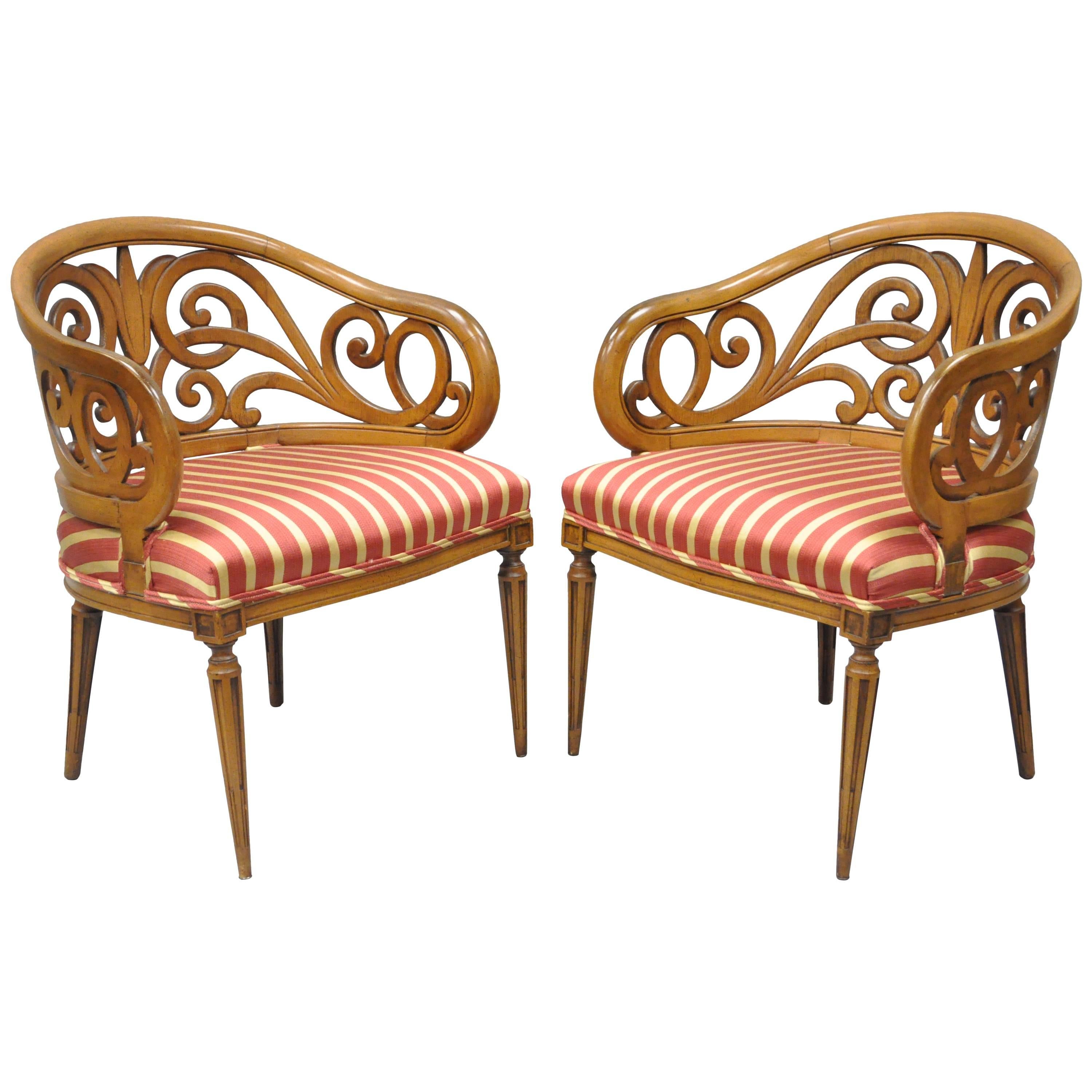 Pair of Vintage Barrel Back Hollywood Regency Bellflower Spiral Carved Chairs
