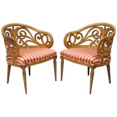 Pair of Whimsical Loop Barrel Back Hollywood Regency Walnut Lounge Armchairs 8