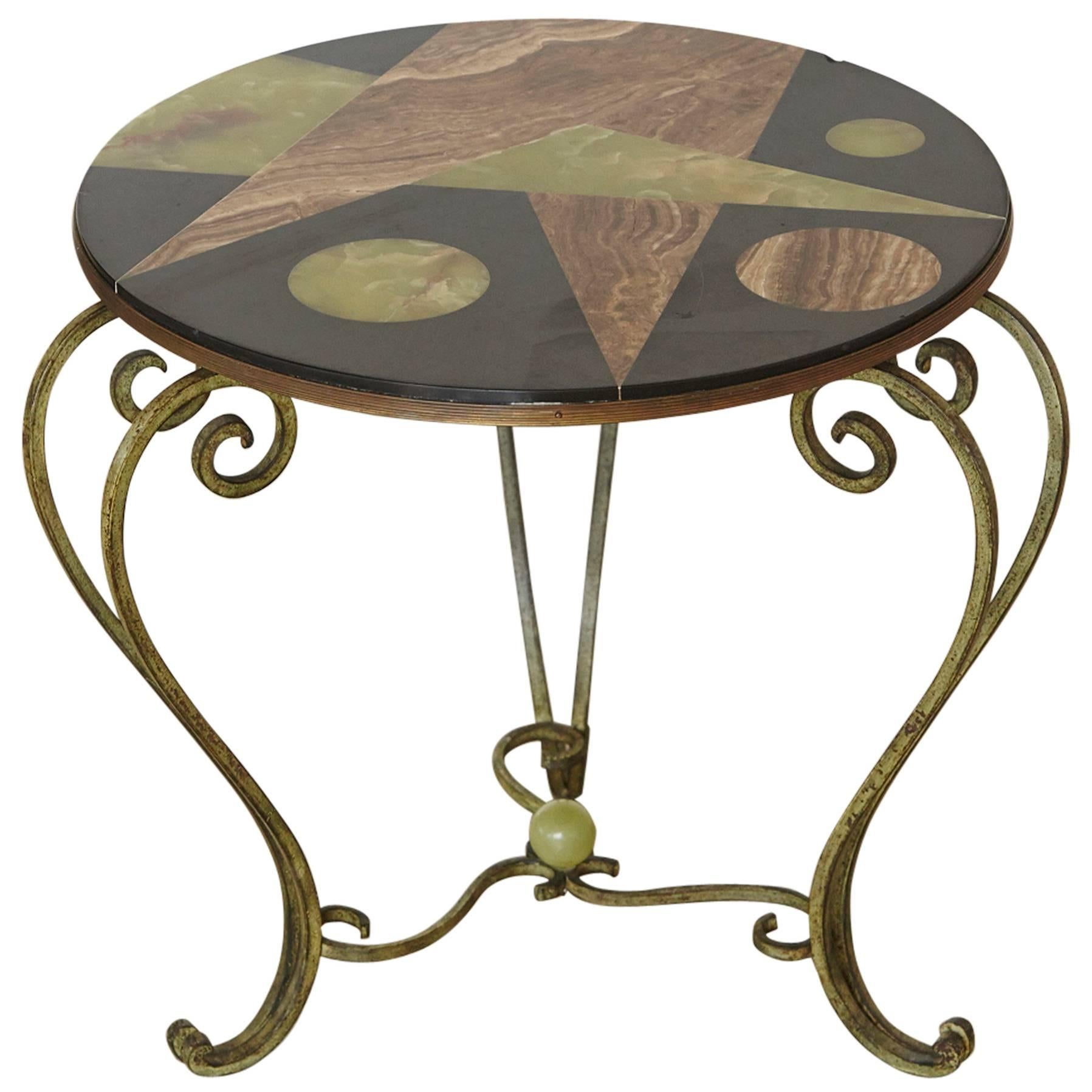 Wrought Iron Side Table with Black Marble Top and Geometric Inlays, circa 1940s