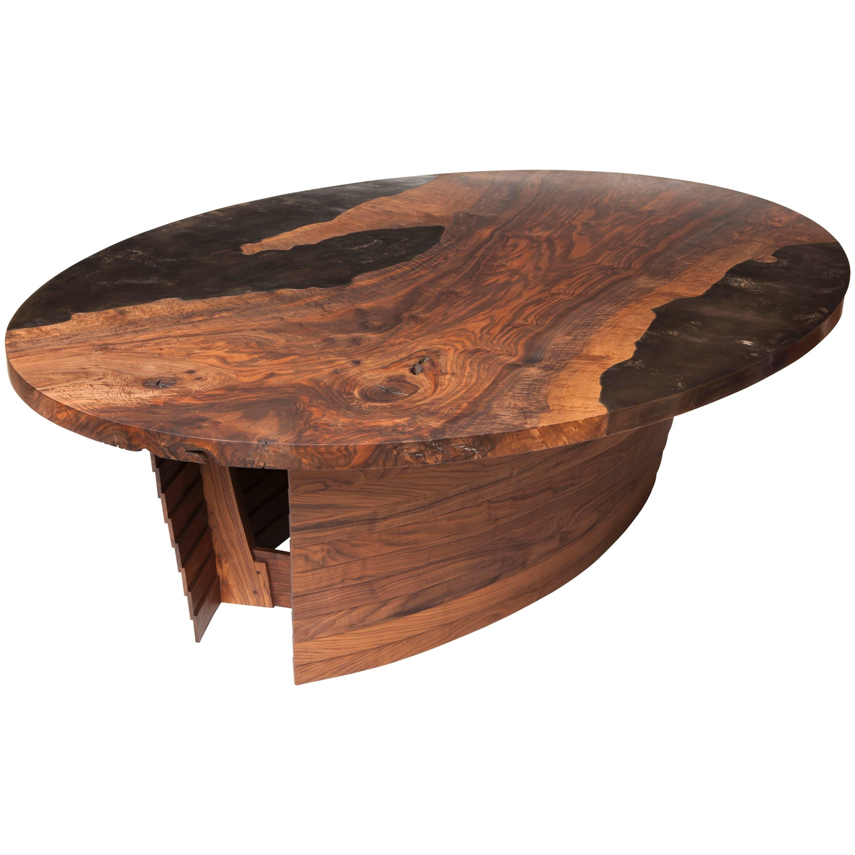 Modern Bronze and Bastogne Walnut Oval Dining Table with Curved Shiplapped Base For Sale