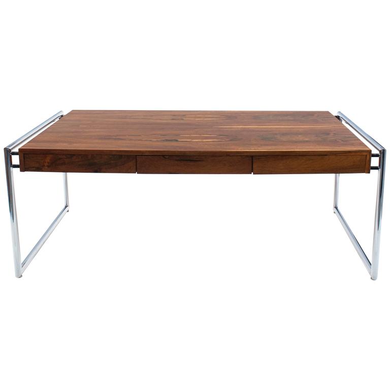 Large Modern Executive Rosewood Desk with Tubular Chrome Legs at 1stDibs