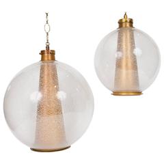 Set of Two Spherical Mid-Century Glass Hanging Lamps