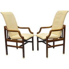 Pair Henredon Mid Century Modern Oak & Brass Dining Arm Chairs After James Mont