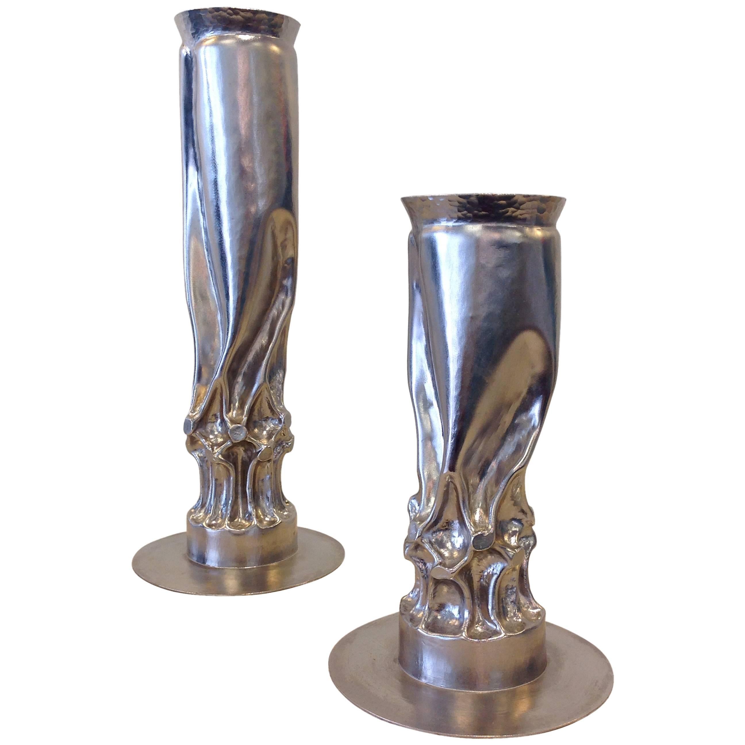 Pair of Brutalist Nickel Candle Holders by Thomas Roy Markusen For Sale