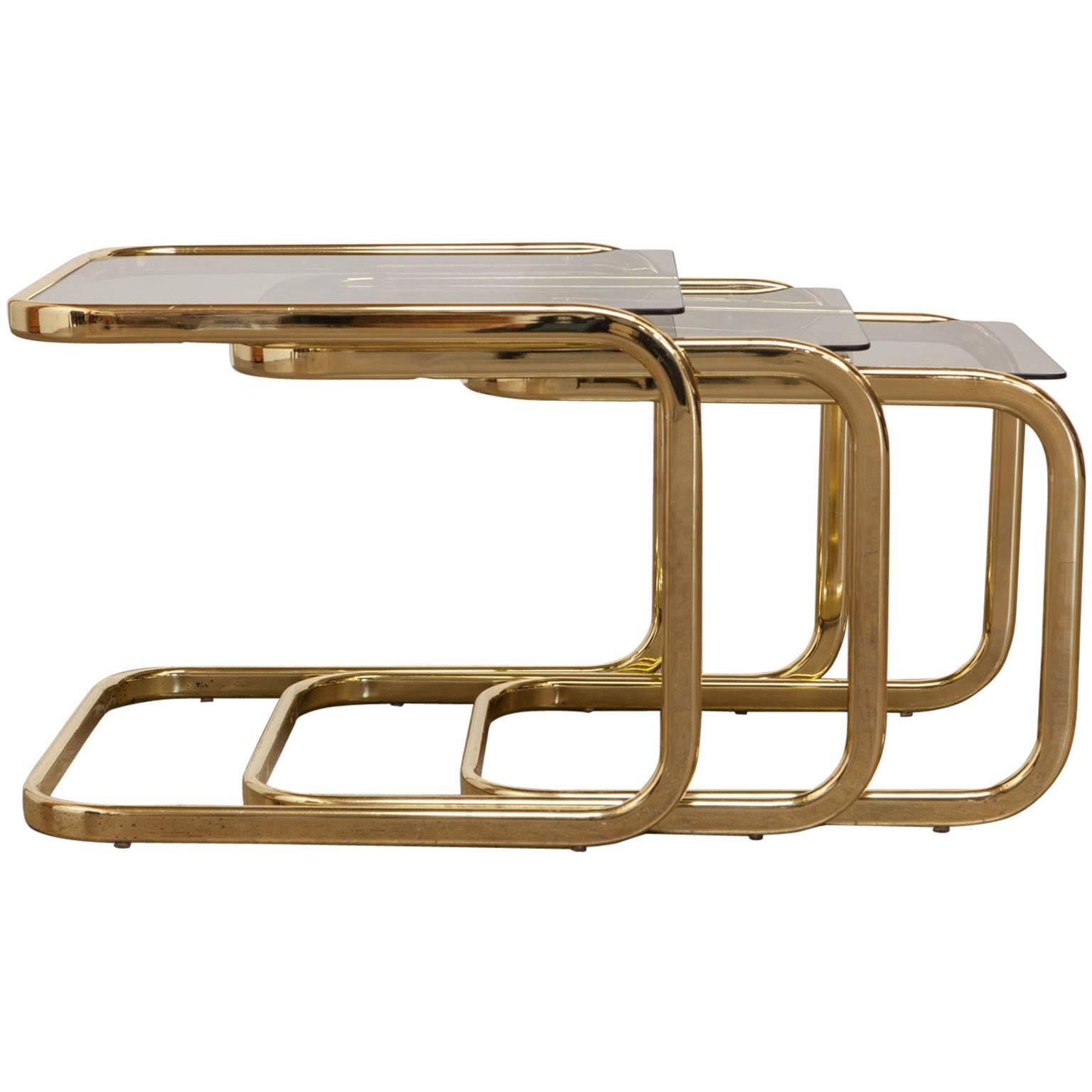 Set of Three Brass and Glass Nesting Tables by Milo Baughman