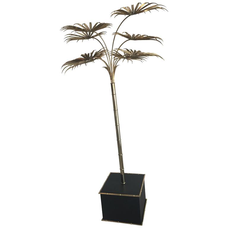 Italian Gold Palm Tree Metal Faux Bamboo Plant Brass Pot Statue Palm