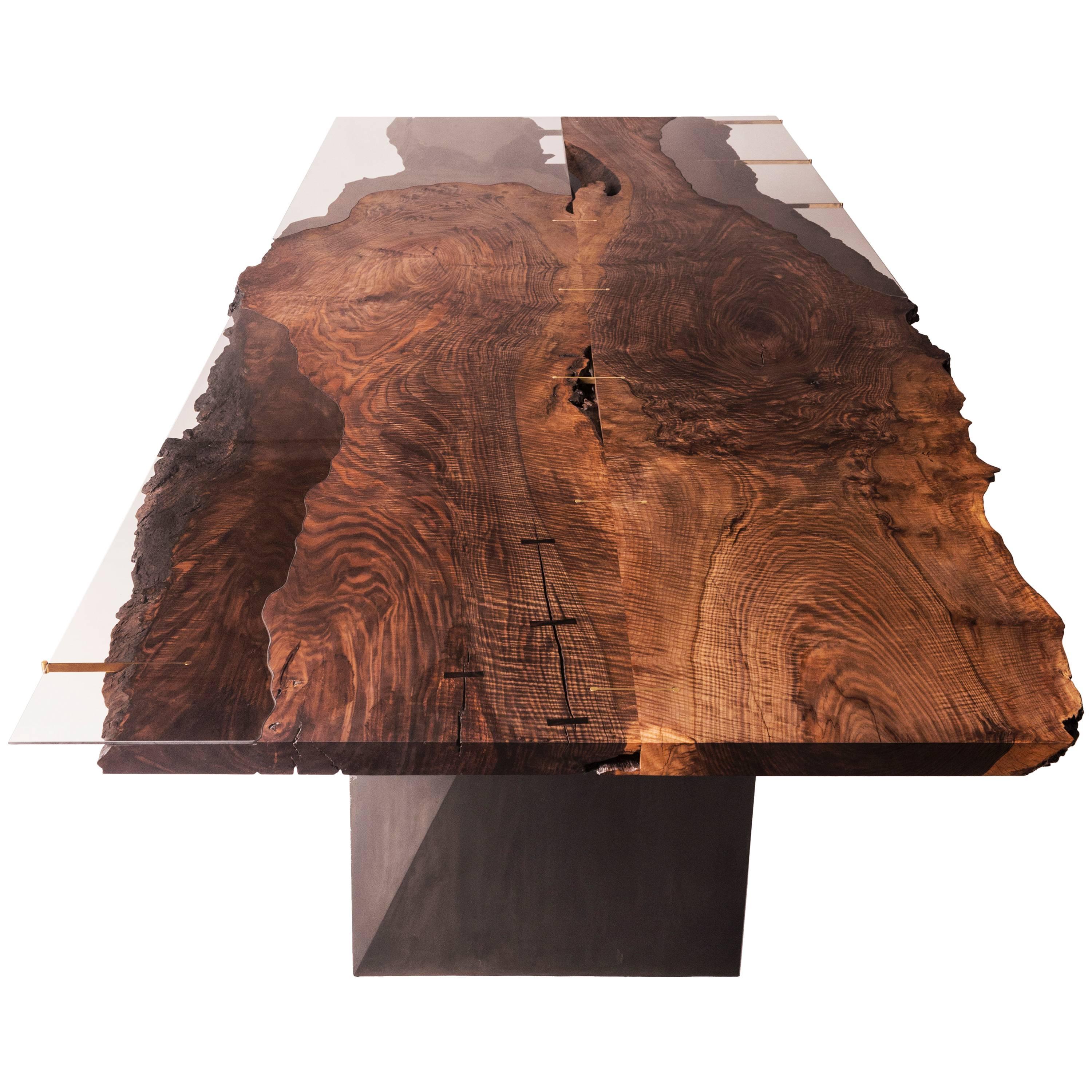 Modern Live Edge Bastogne Walnut and Glass Dining Table on Blackened Steel Base For Sale