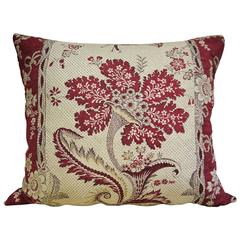 18th Century French Scarlet and White Block Printed Pillow with Stylised Flower