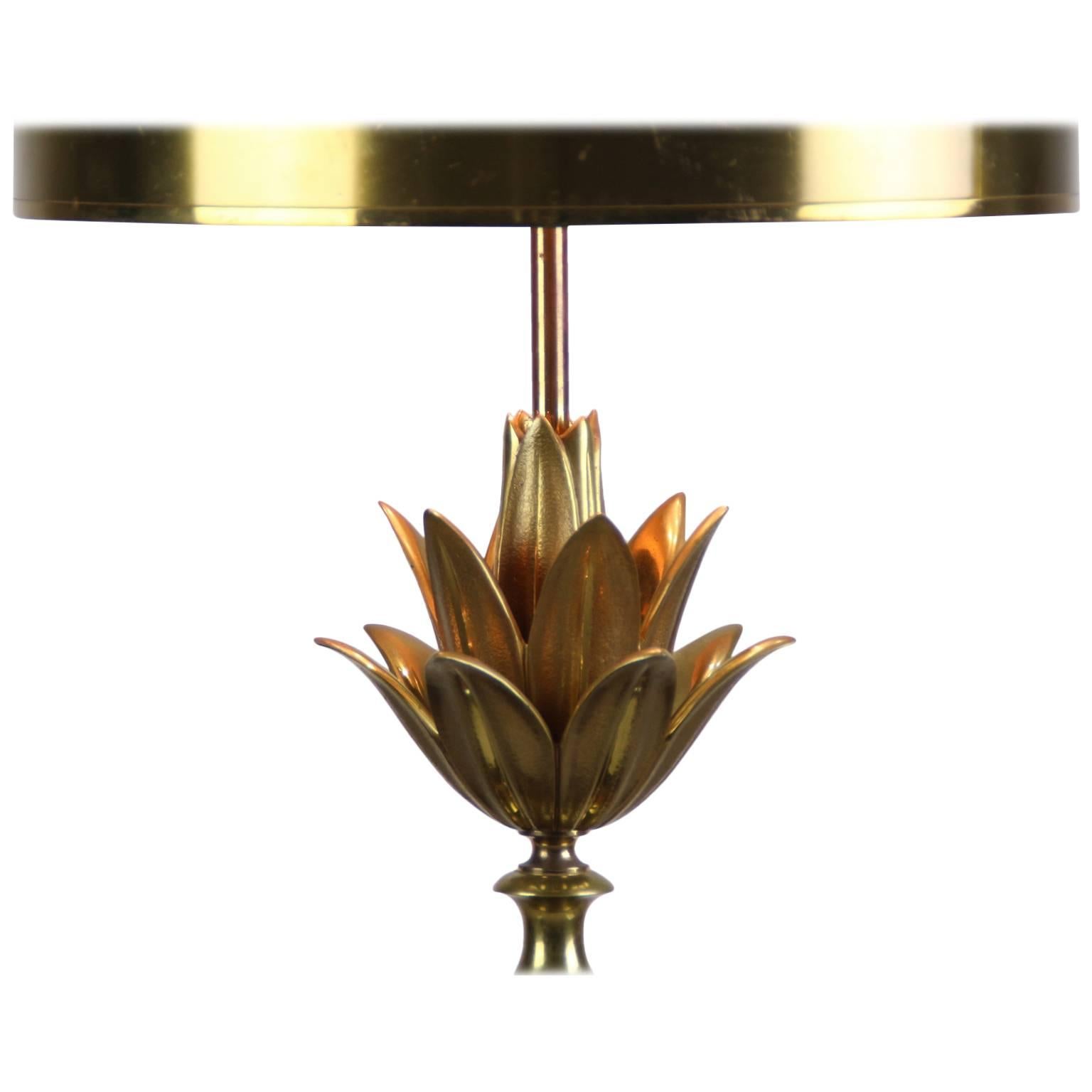Brass Lotus Table Lamp with Metal Hood by Maison Charles For Sale